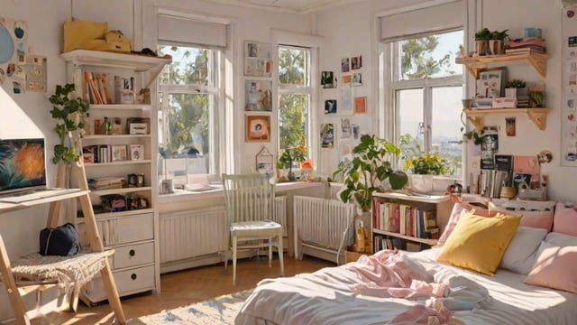 A cozy dorm room with a bed, chair, and bookshelf. The room is filled with various decorations and plants, creating a warm and inviting atmosphere.