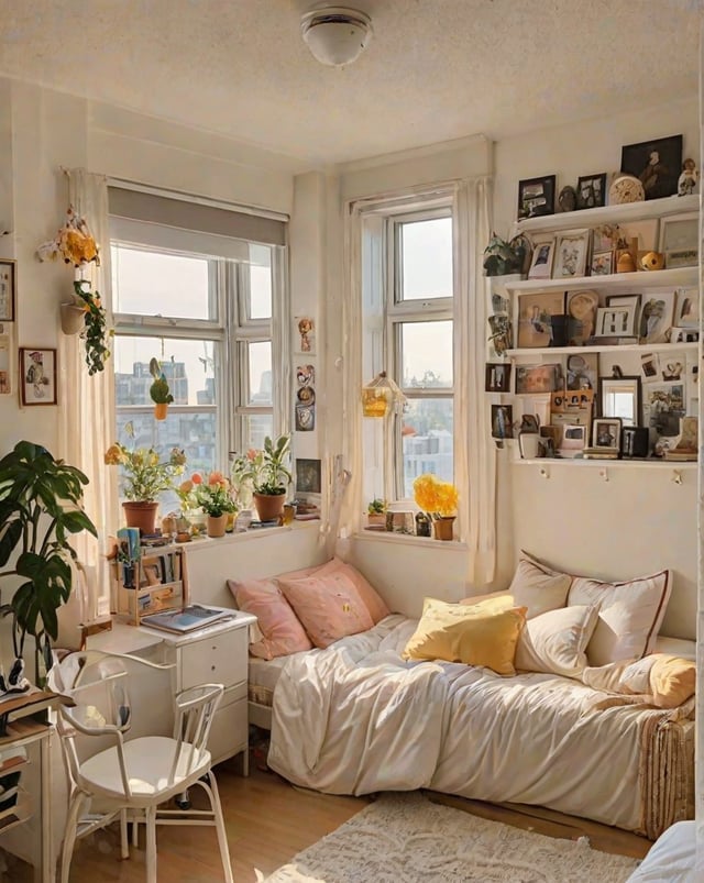 A cozy dorm room with a bed, chair, and desk. The room is decorated with pink pillows, a yellow blanket, and a variety of potted plants. The bed is situated next to a window, allowing for natural light to fill the space. The room also features a bookshelf filled with various books, adding to the lived-in atmosphere.