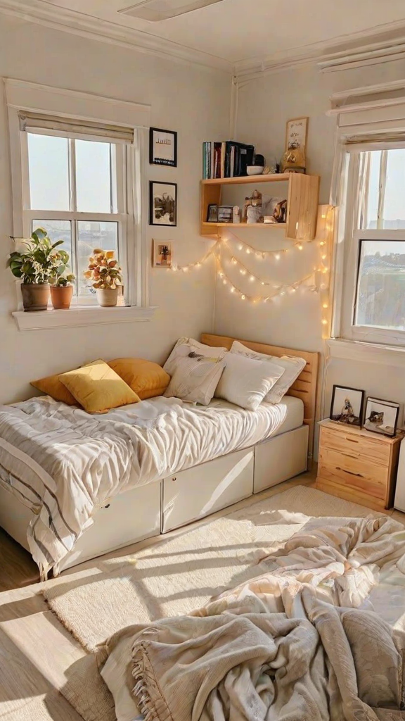 A bedroom with a bed, a window, and potted plants. The bed is neatly made with a white comforter and pillows.