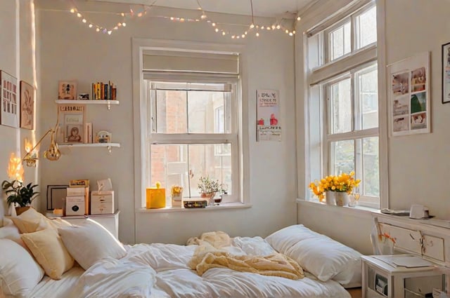 A cozy dorm room with a white bed and a window. The bed is covered with white sheets and a blanket, and there are yellow flowers in a vase on the windowsill. The room also features a bookshelf with various books and a potted plant.