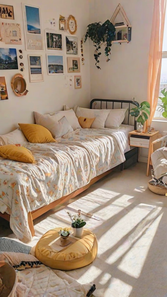 A cozy dorm room with a twin bed, floral print comforter, yellow pillows, potted plant and vase of flowers.