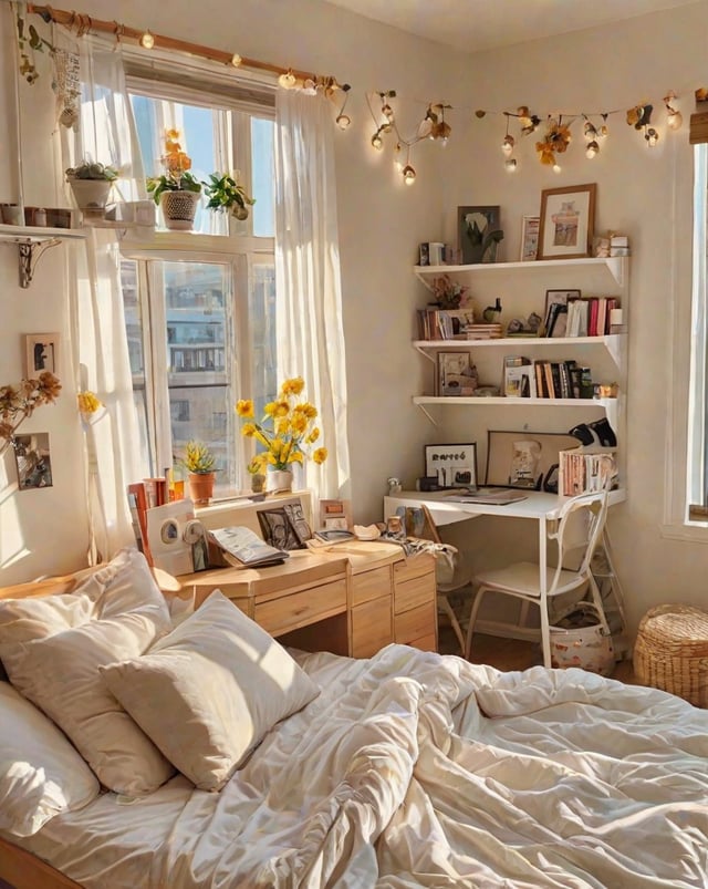 A cozy dorm room with a bed, desk, and bookshelf. The room is decorated with yellow flowers and has a window that lets in natural light. The bed is made with white sheets and pillows, and there is a chair next to the desk. The bookshelf is filled with books, creating a comfortable and inviting atmosphere.