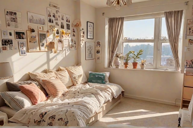 A bedroom with a bed, a window, and a collection of framed photos on the wall. The bed is covered in a white comforter and has a green pillow on it. There are also several potted plants in the room, adding a touch of greenery to the space.