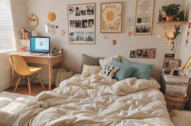 A bedroom with a bed, desk, laptop, pillows, and a teddy bear. The room is decorated with pictures on the wall and a clock.