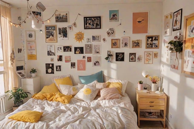 A bedroom with a bed and a wall full of pictures. The bed is covered in a white comforter and has yellow pillows. The wall is adorned with numerous pictures and decorations.