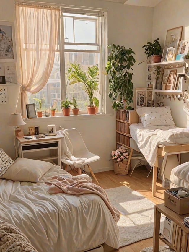 A cozy dorm room with a bed, chair, and potted plants. The room is decorated with white furniture and features a large window that allows for plenty of natural light.