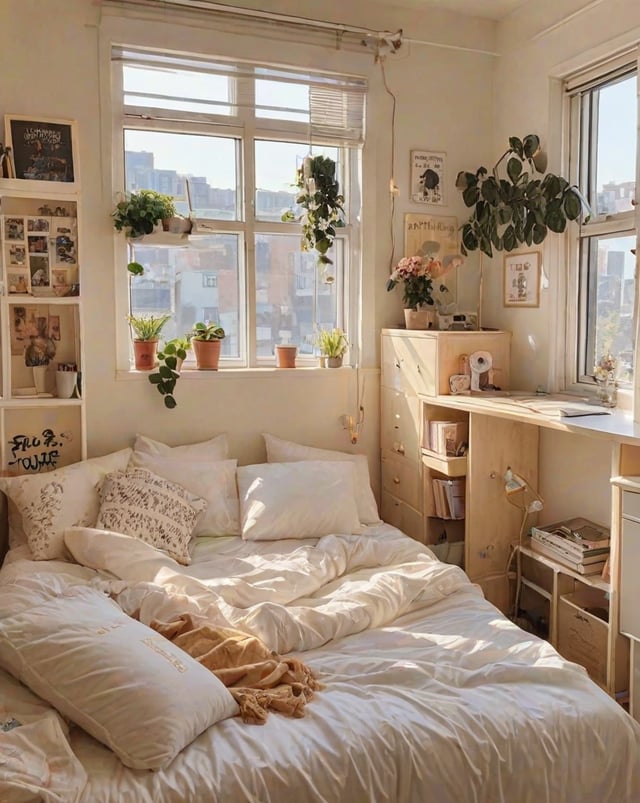 A cozy dorm room with a large bed, a window, and various decorations such as potted plants and books. The bed is covered in white linens and has a cat lying on it. The room is bright and inviting, with a touch of greenery from the plants and a comfortable atmosphere created by the bed and window.