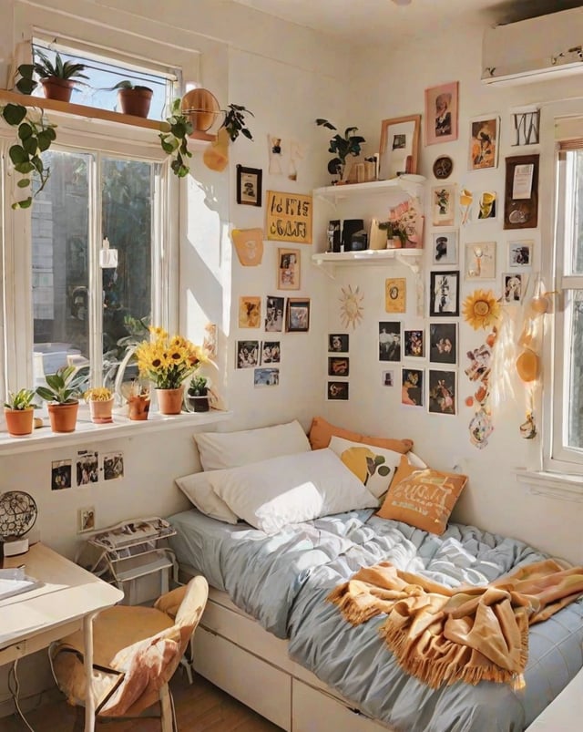 A dorm room with a bed, a desk, and a window. The walls are adorned with many pictures and decorations, creating a personalized and inviting atmosphere. The bed is covered with a blue comforter and features a white pillow and an orange pillow. The room also contains several potted plants, adding a touch of greenery and life to the space. The desk is situated near the window, providing a comfortable workspace with natural light.