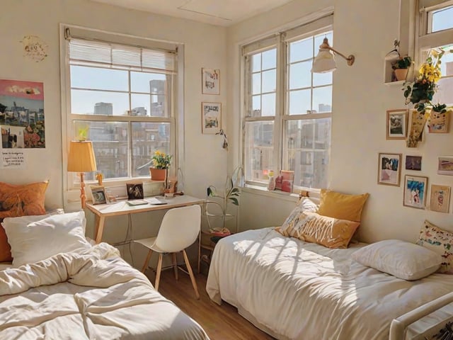 A small dorm room with two beds, a desk, and a chair. The room has a white color scheme and features a large window with a view of the city. There are also potted plants and pictures on the wall, adding a touch of personalization to the space.