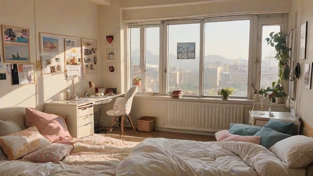 A cozy dorm room with a bed, desk, and window. The bed is situated under the window, providing a nice view for the occupant. The room is furnished with a chair and a potted plant, adding a touch of greenery to the space. The desk has a computer on it, making it a functional workspace for studying or working.