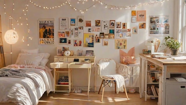 A dorm room with a white color scheme and many pictures on the wall.