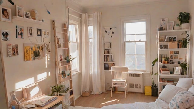 A dorm room with a white bed and chair by the window.