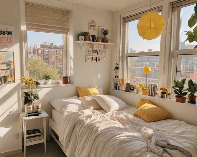 A dorm room with a white bed, yellow pillows, and potted plants. The window offers a view of the city.