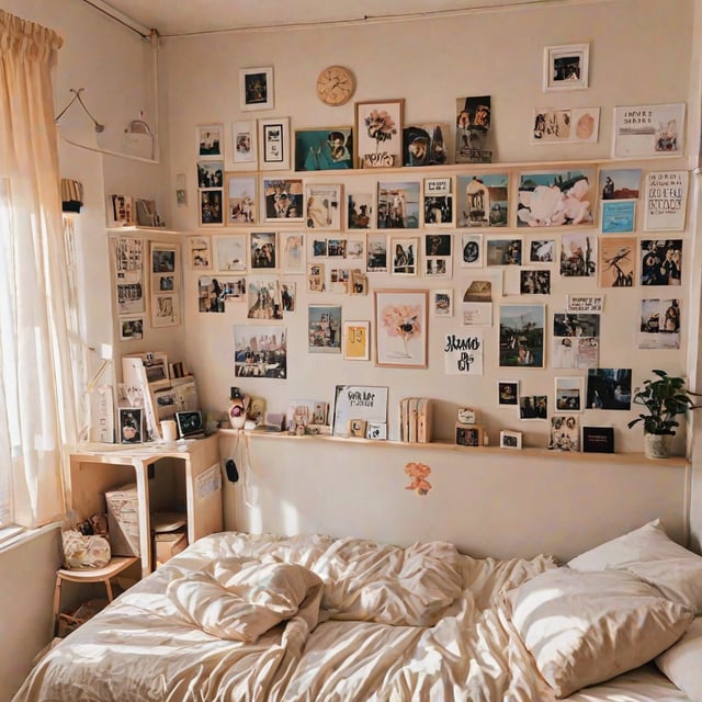 A bedroom with a bed and a wall full of pictures. The bed is neatly made with white sheets and pillows, and the room is decorated with various photos and knick knacks.