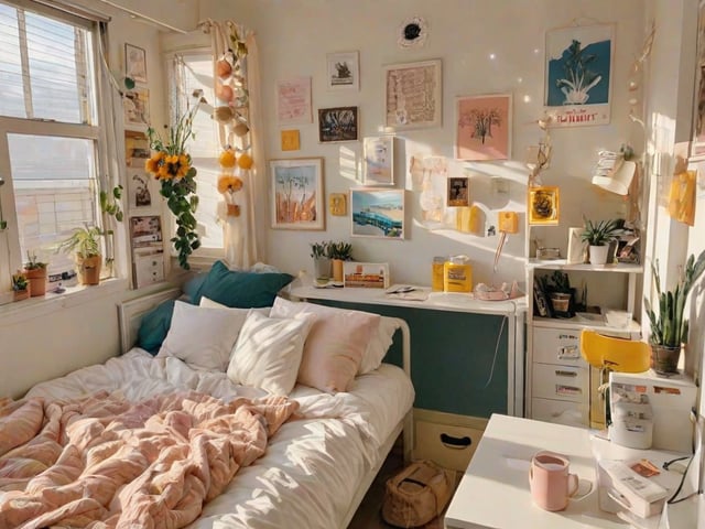 A bedroom with a bed, desk, and shelves. The room is decorated with various artwork and plants, creating a warm and inviting atmosphere.