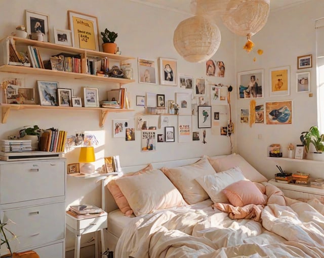 A cozy dorm room with a white bed, pink blanket, and many pictures and artwork on the walls.