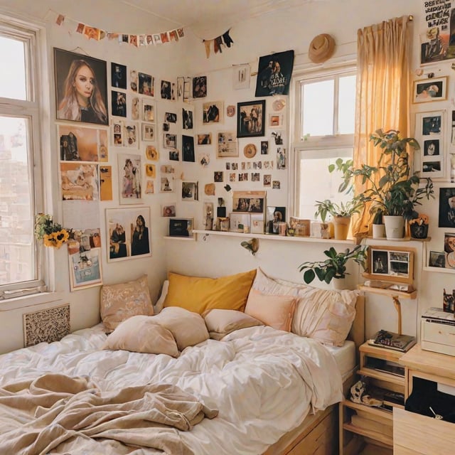 A bedroom with a bed, pillows, and a wall full of pictures. The room is decorated with a potted plant, a clock, and a vase.