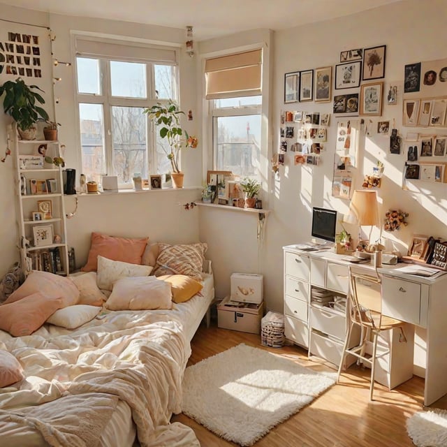 A dorm room with a bed, desk, and various decorations. The room is filled with pink and white pillows, and a white rug on the floor.