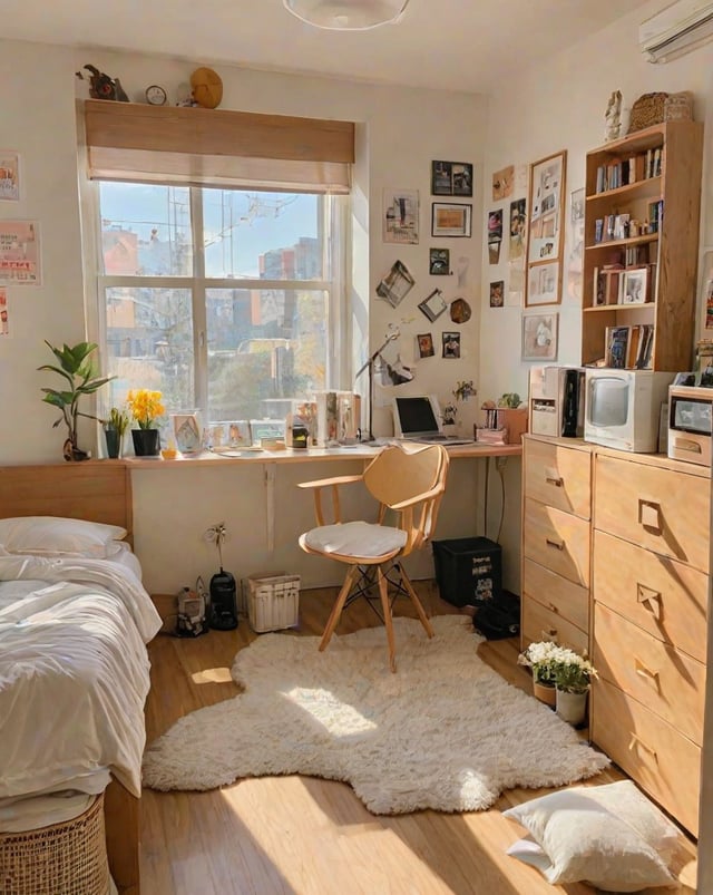 A small dorm room with a bed, chair, and desk. The room is brightly lit by a large window and has a cozy, lived-in feel.