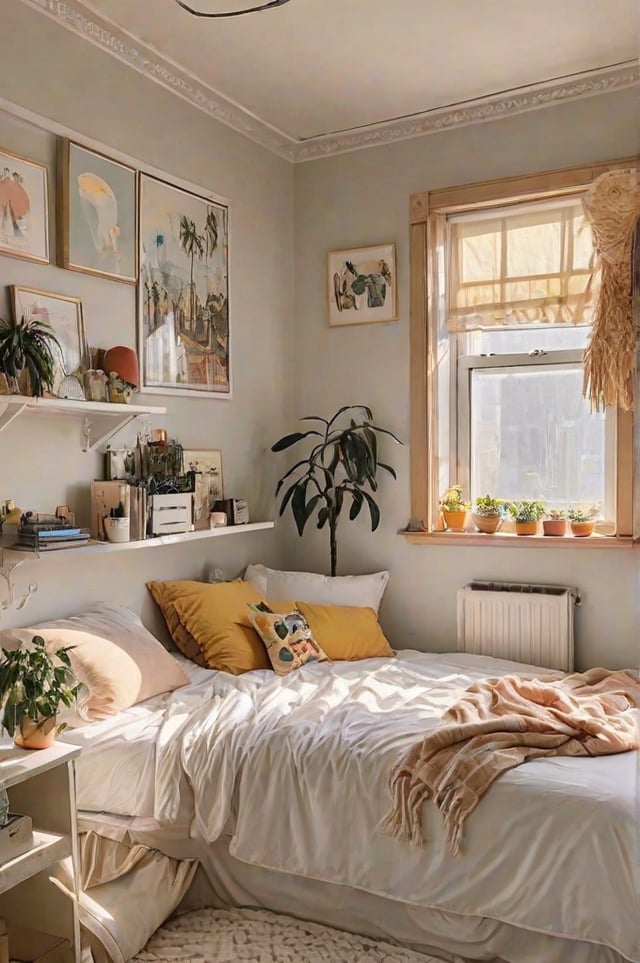 A bedroom with a bed and a window. The bed has a yellow pillow and a pillow with a picture on it. There are also several potted plants and vases in the room.