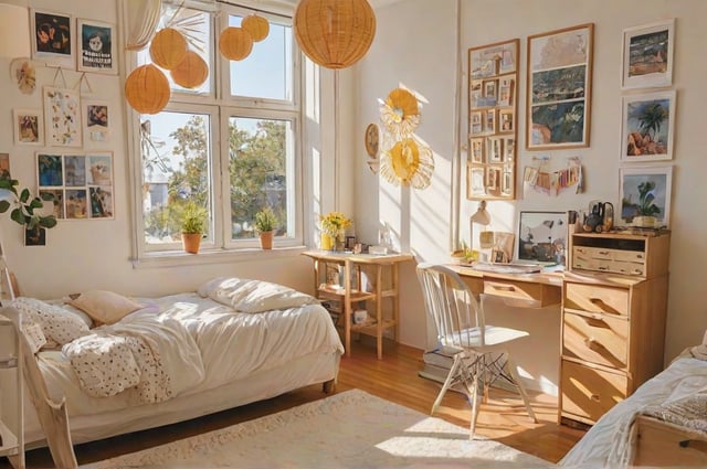 A cozy dorm room with a bed, desk, and chair. The room is decorated with various items such as potted plants, vases, and pictures.