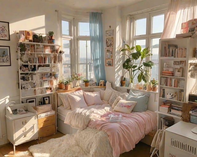 A cozy dorm room with a large bed, a window, and a bookshelf filled with books. The bed is covered in pink sheets and has a white comforter. There are several potted plants throughout the room, adding a touch of greenery to the space. The bookshelf is filled with various books, indicating a love for reading.