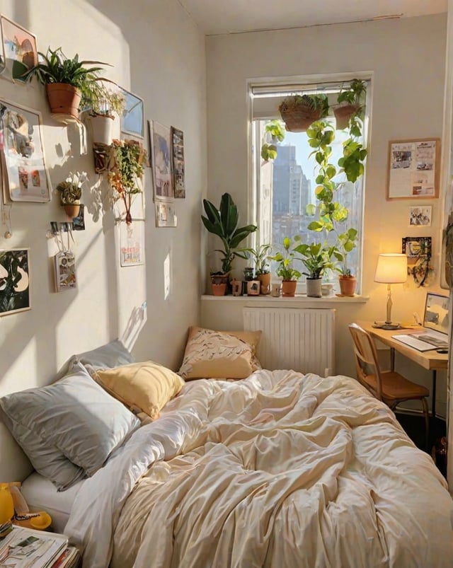 A bedroom with a bed, desk, and potted plants. The bed has a white comforter and is surrounded by potted plants. The room is bright and inviting.