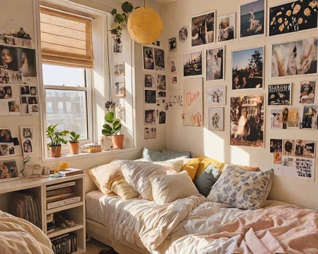 A bedroom with a bed, potted plants, and a wall full of pictures. The bed is covered in white sheets and has a yellow and blue throw pillow. The room is decorated with various potted plants, and the walls are adorned with numerous pictures.