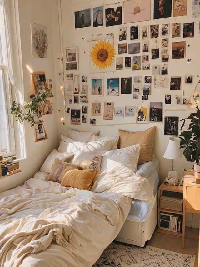 A bedroom with a bed, a sunflower picture, and various pictures on the wall. A potted plant is also present in the room.