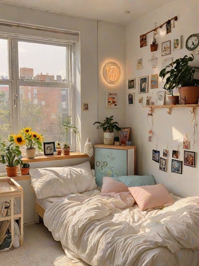 A bedroom with a bed, a window, and various decorations.