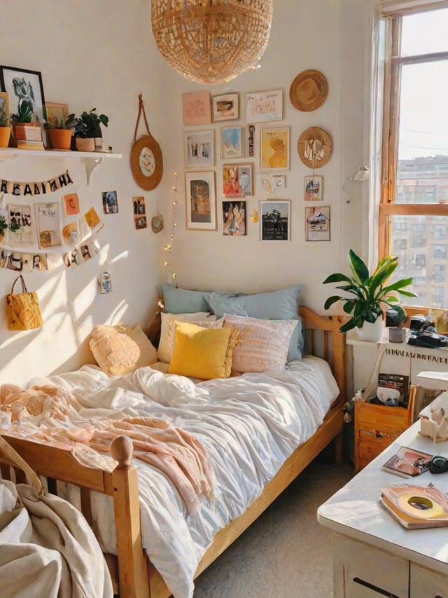 A bedroom with a bed, a window, and a collection of pictures and decorations on the wall. The bed is covered in white sheets and has a yellow pillow on it.