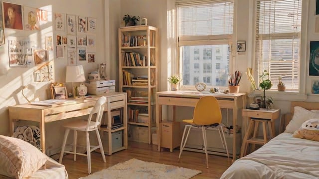 A dorm room with a desk, chair, and bookshelf. The room is filled with books and has a large window that lets in plenty of natural light.