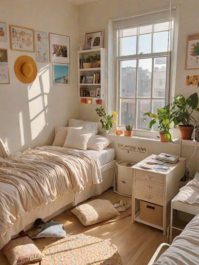 A white bed with a window and potted plants in a dorm room