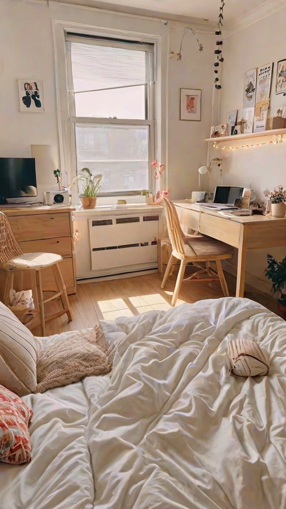 A bedroom with a bed, desk, and chairs. The room has a mix of modern and traditional design elements, creating a warm and inviting atmosphere.