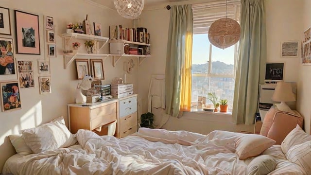 A view of a dorm room with a large bed, a dresser, and a window with a view of the city. The room is decorated with books, potted plants, and pictures.