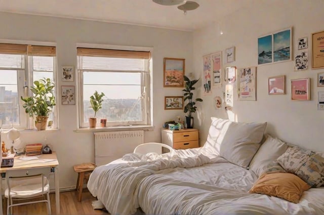 A cozy dorm room with a large bed, a window, and a desk. The bed is covered in white sheets and has a chair next to it. There are pictures on the wall and a potted plant in the room.