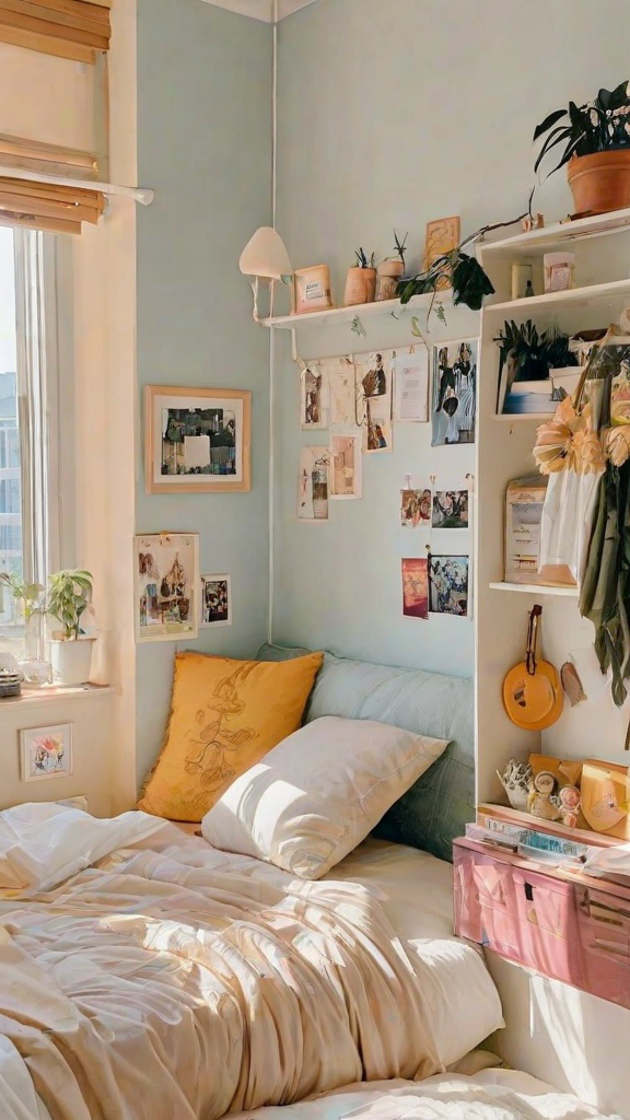 A bedroom with a blue comforter, yellow pillow, and a shelf full of pictures and decorations.