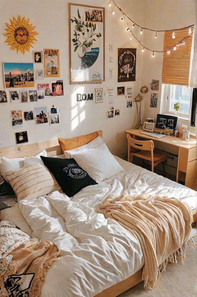 A cozy dorm room with a bed and a desk. The bed is covered in white sheets and has a black pillow with a white design on it. The desk has a laptop and a mouse on it. The room also features a window and a wall with pictures and decorations on it.