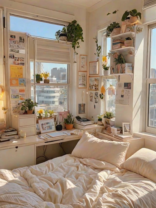 A cozy dorm room with a bed, desk, and plenty of plants. The room is decorated with artwork and has a large window that lets in plenty of natural light.