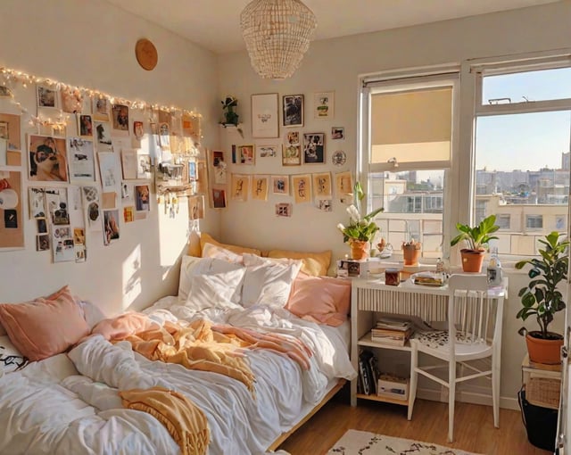 A cozy dorm room with a bed, a window, and a desk. The bed is covered in white sheets and has a pink blanket. There are several potted plants and pictures on the wall, creating a warm and inviting atmosphere. The desk is cluttered with various items, including books, a vase, and a cup. The room is well-lit by the sunlight coming through the window, making it a pleasant space to relax and study.