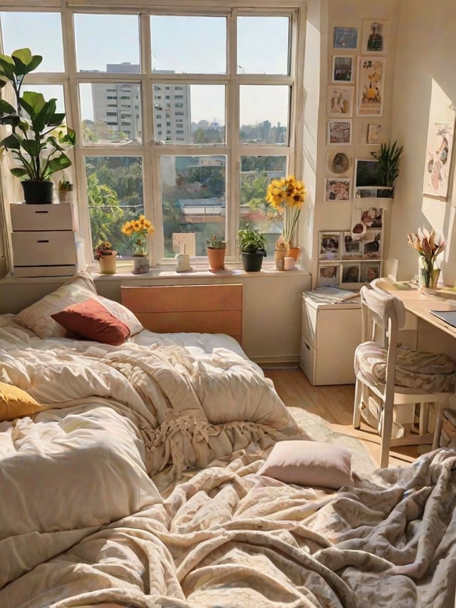 A cozy dorm room with a large bed and potted plants by the window.