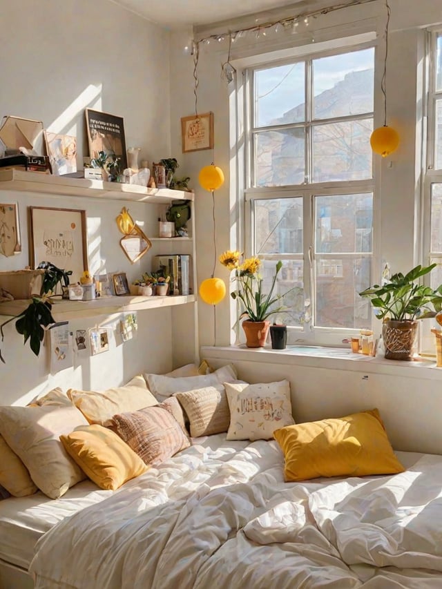 A dorm room with a bed, window, and various decorations. The bed is covered in yellow pillows and has a white comforter.