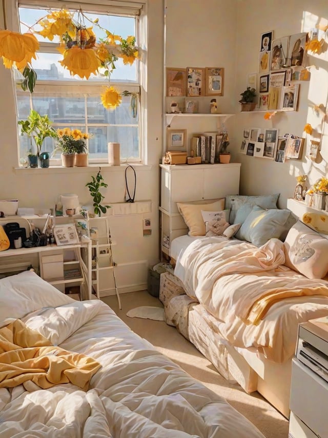 A cozy dorm room with two beds, a desk, and a window. The room is decorated with various plants and pictures, creating a warm and inviting atmosphere.