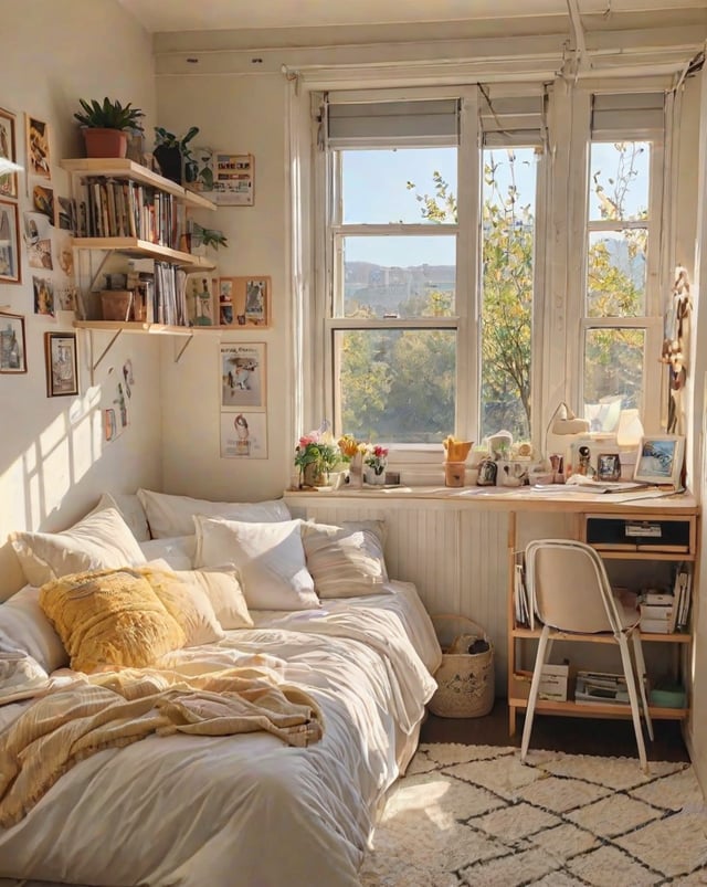 A cozy dorm room with a bed, chair, and bookshelf. The bed has a white comforter and is situated next to a large window. The room is decorated with various items such as potted plants, vases, and books.