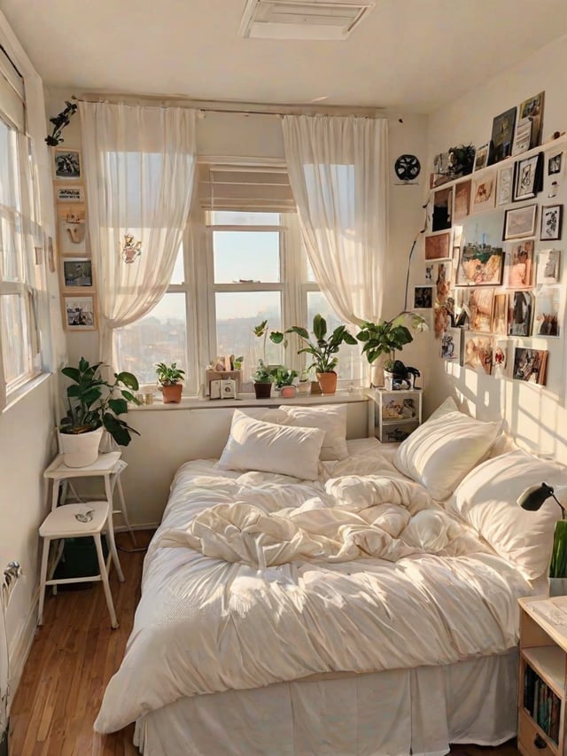 A dorm room with a large bed, a window, and a variety of plants. The bed is unmade and has white sheets and pillows. The room is decorated with many pictures and a clock on the wall.