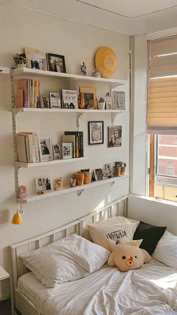 A bedroom with a bed, bookshelf, and window. The bookshelf is filled with books and pictures, and the bed has white and black pillows.