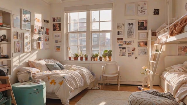 A cozy dorm room with a white bed, a chair, and a window with potted plants. The room is decorated with various artworks on the walls and a rug on the floor.