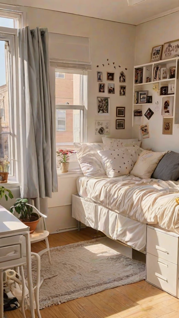 A cozy dorm room with a bed, a window, and a desk. The bed has a white comforter and is adorned with pillows. There is a chair next to the desk, and a potted plant on the desk.