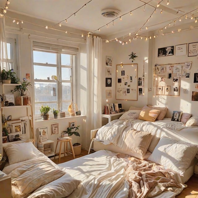 A cozy dorm room with a large bed, couch, and various decorative items.