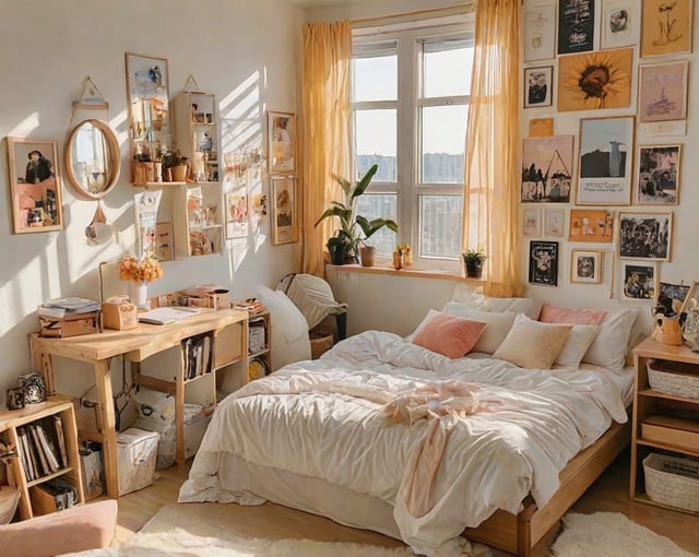 A cozy dorm room with a bed, desk, and windows. The room is decorated with various pictures, potted plants, and a mirror. The bed is covered with a white comforter and has pink pillows. The desk has a laptop and books on it. The room is filled with light from the sun shining through the windows.